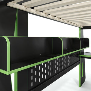 English Elm Full Size Gaming Loft Bed with Built-In Desk LED Lighting and Storage for Teens Black+Green W5316S00060