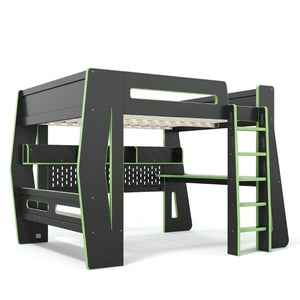 English Elm Full Size Gaming Loft Bed with Built-In Desk LED Lighting and Storage for Teens Black+Green W5316S00060