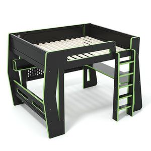 English Elm Full Size Gaming Loft Bed with Built-In Desk LED Lighting and Storage for Teens Black+Green W5316S00060