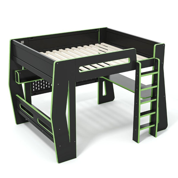 English Elm Full Size Gaming Loft Bed with Built-In Desk LED Lighting and Storage for Teens Black+Green W5316S00060