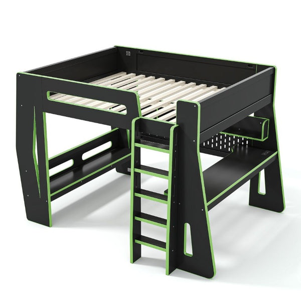 English Elm Full Size Gaming Loft Bed with Built-In Desk LED Lighting and Storage for Teens Black+Green W5316S00060