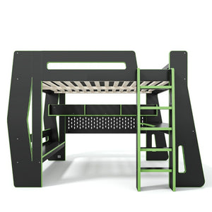 English Elm Full Size Gaming Loft Bed with Built-In Desk LED Lighting and Storage for Teens Black+Green W5316S00060