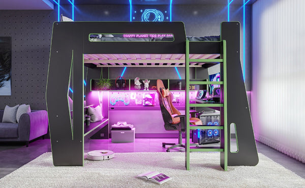 English Elm Full Size Gaming Loft Bed with Built-In Desk LED Lighting and Storage for Teens Black+Green W5316S00060
