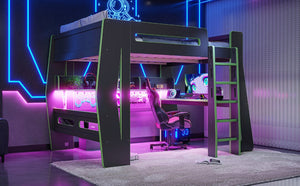English Elm Full Size Gaming Loft Bed with Built-In Desk LED Lighting and Storage for Teens Black+Green W5316S00060