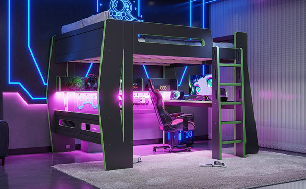English Elm Full Size Gaming Loft Bed with Built-In Desk LED Lighting and Storage for Teens Black+Green W5316S00060
