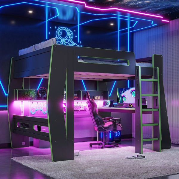 English Elm Full Size Gaming Loft Bed with Built-In Desk LED Lighting and Storage for Teens Black+Green W5316S00060