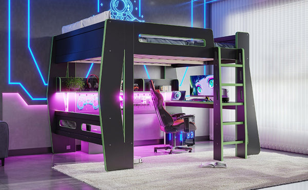 English Elm Full Size Gaming Loft Bed with Built-In Desk LED Lighting and Storage for Teens Black+Green W5316S00060