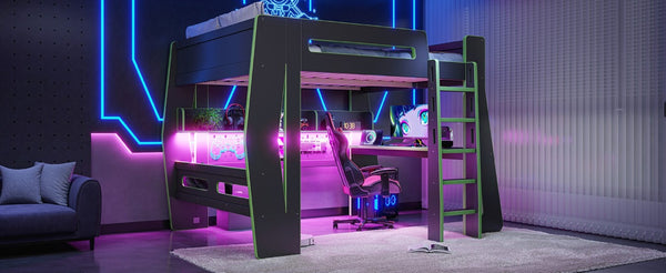 English Elm Full Size Gaming Loft Bed with Built-In Desk LED Lighting and Storage for Teens Black+Green W5316S00060