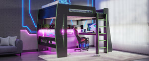 English Elm Full Size Gaming Loft Bed with Built-In Desk LED Lighting and Storage for Teens Black+Green W5316S00060