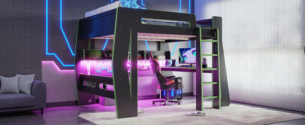 English Elm Full Size Gaming Loft Bed with Built-In Desk LED Lighting and Storage for Teens Black+Green W5316S00060