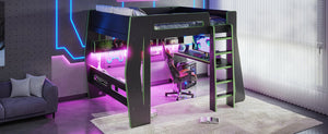 English Elm Full Size Gaming Loft Bed with Built-In Desk LED Lighting and Storage for Teens Black+Green W5316S00060