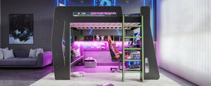 English Elm Full Size Gaming Loft Bed with Built-In Desk LED Lighting and Storage for Teens Black+Green W5316S00060