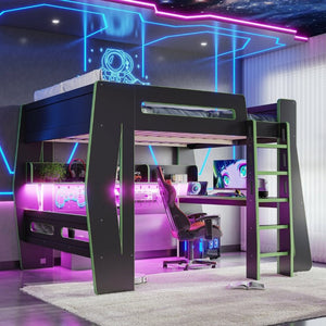 English Elm Full Size Gaming Loft Bed with Built-In Desk LED Lighting and Storage for Teens Black+Green W5316S00060