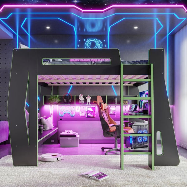 English Elm Full Size Gaming Loft Bed with Built-In Desk LED Lighting and Storage for Teens Black+Green W5316S00060