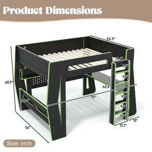 English Elm Full Size Gaming Loft Bed with Built-In Desk LED Lighting and Storage for Teens Black+Green W5316S00060