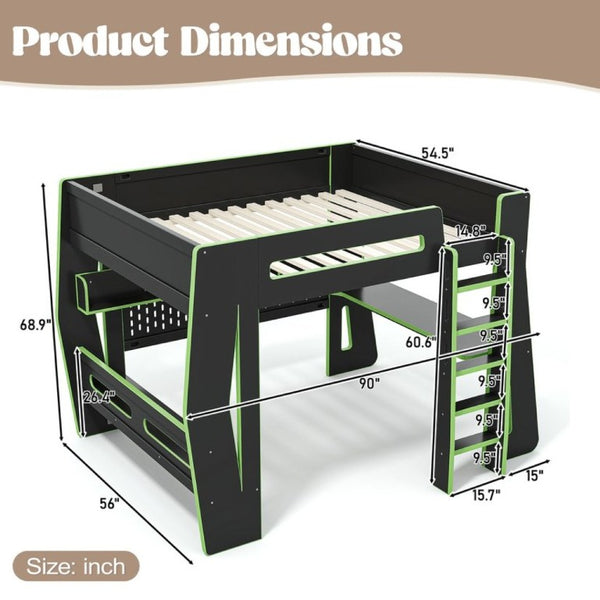 English Elm Full Size Gaming Loft Bed with Built-In Desk LED Lighting and Storage for Teens Black+Green W5316S00060