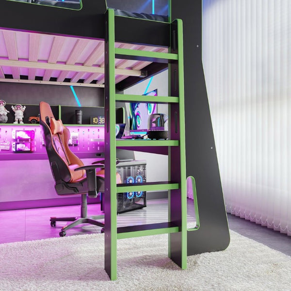 English Elm Full Size Gaming Loft Bed with Built-In Desk LED Lighting and Storage for Teens Black+Green W5316S00060