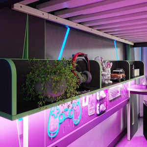English Elm Full Size Gaming Loft Bed with Built-In Desk LED Lighting and Storage for Teens Black+Green W5316S00060
