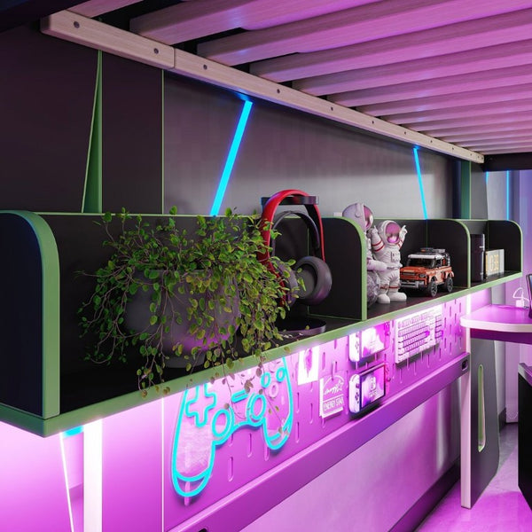 English Elm Full Size Gaming Loft Bed with Built-In Desk LED Lighting and Storage for Teens Black+Green W5316S00060