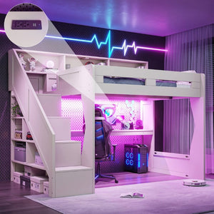 English Elm Full Size Gaming Loft Bed with Stair Storage Desk LED Lighting and USB Ports Beige 93.98 L x 64.49 W x 77.56 H MDF,Pine,Plywood W5316S00061