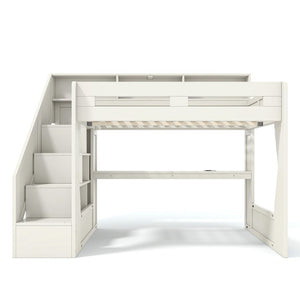 English Elm Full Size Gaming Loft Bed with Stair Storage Desk LED Lighting and USB Ports Beige 93.98 L x 64.49 W x 77.56 H MDF,Pine,Plywood W5316S00061