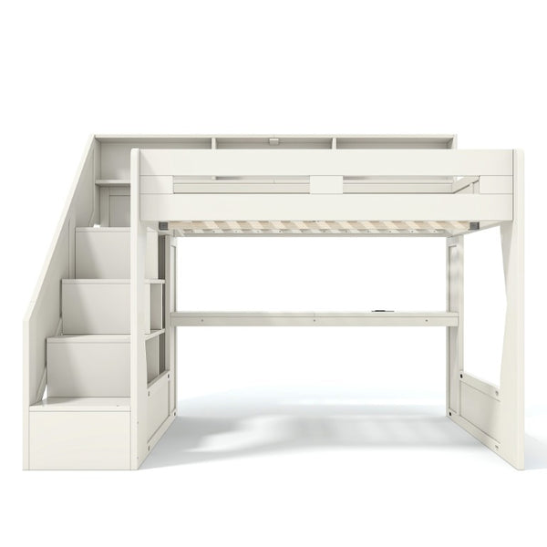 English Elm Full Size Gaming Loft Bed with Stair Storage Desk LED Lighting and USB Ports Beige 93.98 L x 64.49 W x 77.56 H MDF,Pine,Plywood W5316S00061