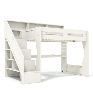 English Elm Full Size Gaming Loft Bed with Stair Storage Desk LED Lighting and USB Ports Beige 93.98 L x 64.49 W x 77.56 H MDF,Pine,Plywood W5316S00061