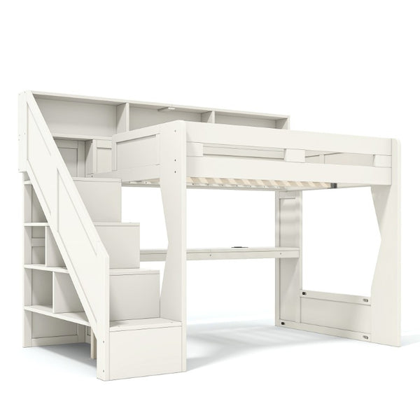 English Elm Full Size Gaming Loft Bed with Stair Storage Desk LED Lighting and USB Ports Beige 93.98 L x 64.49 W x 77.56 H MDF,Pine,Plywood W5316S00061