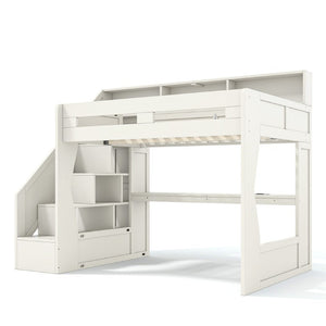 English Elm Full Size Gaming Loft Bed with Stair Storage Desk LED Lighting and USB Ports Beige 93.98 L x 64.49 W x 77.56 H MDF,Pine,Plywood W5316S00061