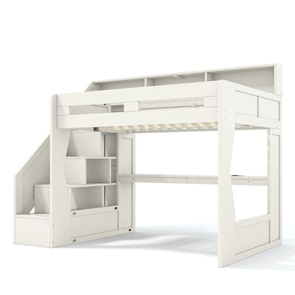 English Elm Full Size Gaming Loft Bed with Stair Storage Desk LED Lighting and USB Ports Beige 93.98 L x 64.49 W x 77.56 H MDF,Pine,Plywood W5316S00061