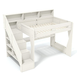 English Elm Full Size Gaming Loft Bed with Stair Storage Desk LED Lighting and USB Ports Beige 93.98 L x 64.49 W x 77.56 H MDF,Pine,Plywood W5316S00061
