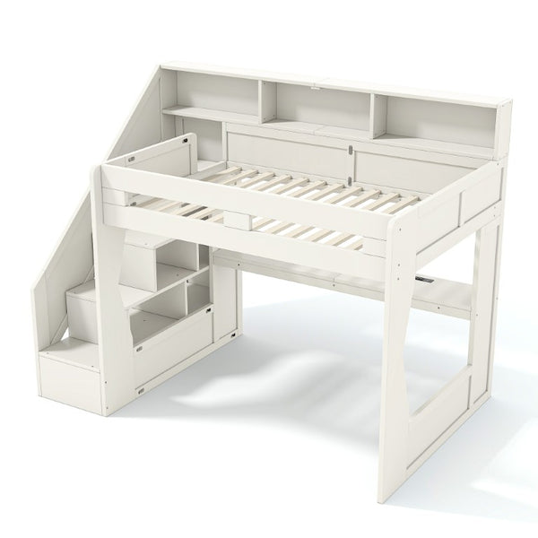 English Elm Full Size Gaming Loft Bed with Stair Storage Desk LED Lighting and USB Ports Beige 93.98 L x 64.49 W x 77.56 H MDF,Pine,Plywood W5316S00061