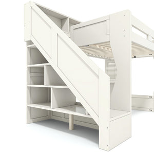 English Elm Full Size Gaming Loft Bed with Stair Storage Desk LED Lighting and USB Ports Beige 93.98 L x 64.49 W x 77.56 H MDF,Pine,Plywood W5316S00061