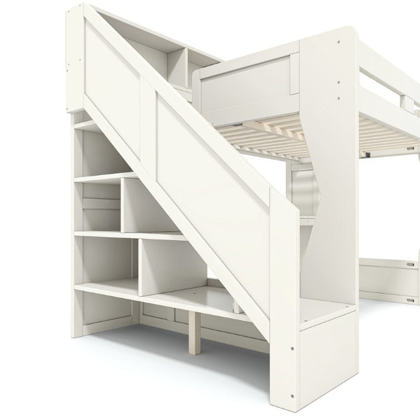 English Elm Full Size Gaming Loft Bed with Stair Storage Desk LED Lighting and USB Ports Beige 93.98 L x 64.49 W x 77.56 H MDF,Pine,Plywood W5316S00061