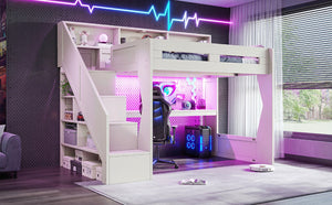 English Elm Full Size Gaming Loft Bed with Stair Storage Desk LED Lighting and USB Ports Beige 93.98 L x 64.49 W x 77.56 H MDF,Pine,Plywood W5316S00061