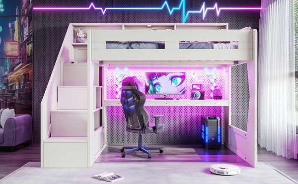 English Elm Full Size Gaming Loft Bed with Stair Storage Desk LED Lighting and USB Ports Beige 93.98 L x 64.49 W x 77.56 H MDF,Pine,Plywood W5316S00061