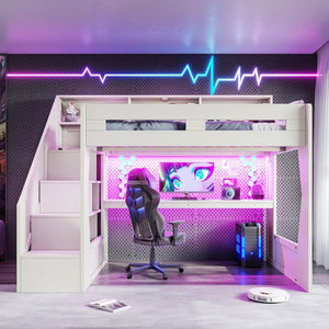 English Elm Full Size Gaming Loft Bed with Stair Storage Desk LED Lighting and USB Ports Beige 93.98 L x 64.49 W x 77.56 H MDF,Pine,Plywood W5316S00061