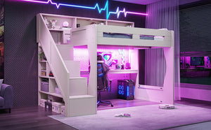 English Elm Full Size Gaming Loft Bed with Stair Storage Desk LED Lighting and USB Ports Beige 93.98 L x 64.49 W x 77.56 H MDF,Pine,Plywood W5316S00061