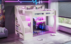 English Elm Full Size Gaming Loft Bed with Stair Storage Desk LED Lighting and USB Ports Beige 93.98 L x 64.49 W x 77.56 H MDF,Pine,Plywood W5316S00061
