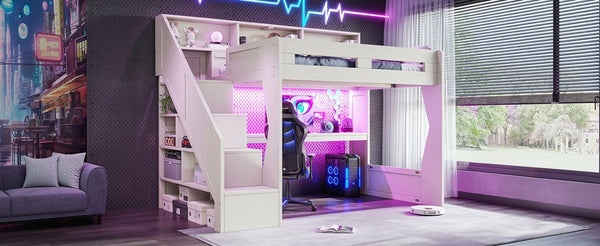 English Elm Full Size Gaming Loft Bed with Stair Storage Desk LED Lighting and USB Ports Beige 93.98 L x 64.49 W x 77.56 H MDF,Pine,Plywood W5316S00061