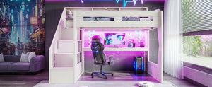 English Elm Full Size Gaming Loft Bed with Stair Storage Desk LED Lighting and USB Ports Beige 93.98 L x 64.49 W x 77.56 H MDF,Pine,Plywood W5316S00061