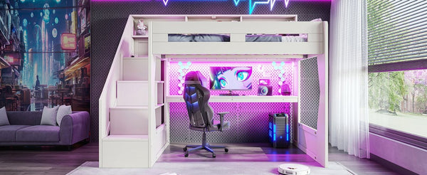 English Elm Full Size Gaming Loft Bed with Stair Storage Desk LED Lighting and USB Ports Beige 93.98 L x 64.49 W x 77.56 H MDF,Pine,Plywood W5316S00061