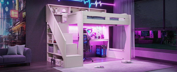 English Elm Full Size Gaming Loft Bed with Stair Storage Desk LED Lighting and USB Ports Beige 93.98 L x 64.49 W x 77.56 H MDF,Pine,Plywood W5316S00061