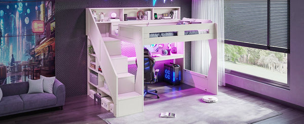 English Elm Full Size Gaming Loft Bed with Stair Storage Desk LED Lighting and USB Ports Beige 93.98 L x 64.49 W x 77.56 H MDF,Pine,Plywood W5316S00061