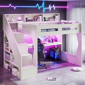 English Elm Full Size Gaming Loft Bed with Stair Storage Desk LED Lighting and USB Ports Beige 93.98 L x 64.49 W x 77.56 H MDF,Pine,Plywood W5316S00061