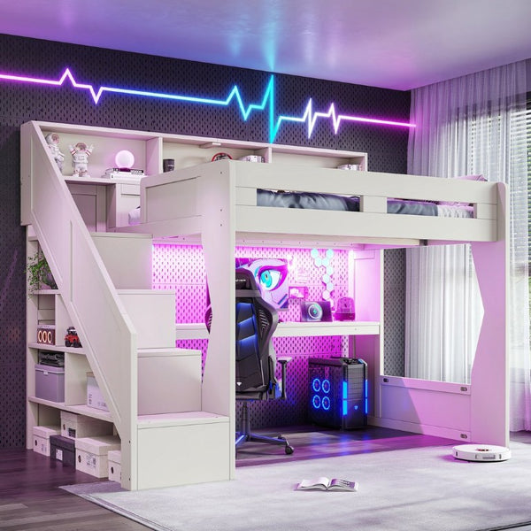 English Elm Full Size Gaming Loft Bed with Stair Storage Desk LED Lighting and USB Ports Beige 93.98 L x 64.49 W x 77.56 H MDF,Pine,Plywood W5316S00061