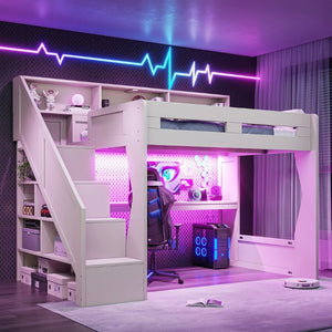 English Elm Full Size Gaming Loft Bed with Stair Storage Desk LED Lighting and USB Ports Beige 93.98 L x 64.49 W x 77.56 H MDF,Pine,Plywood W5316S00061