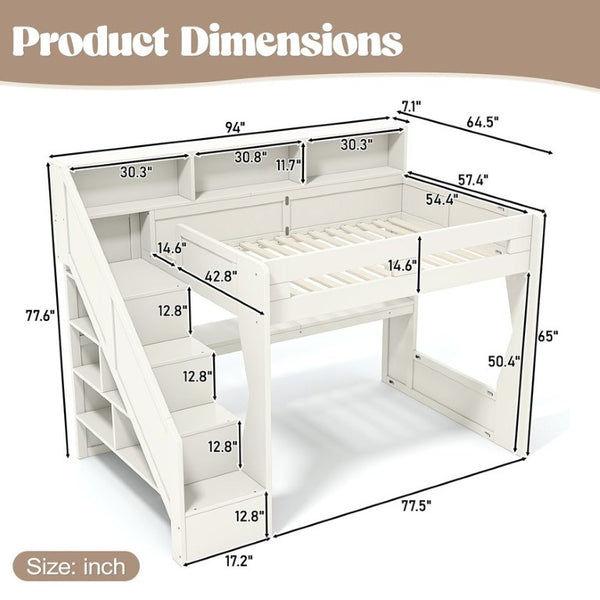 English Elm Full Size Gaming Loft Bed with Stair Storage Desk LED Lighting and USB Ports Beige 93.98 L x 64.49 W x 77.56 H MDF,Pine,Plywood W5316S00061
