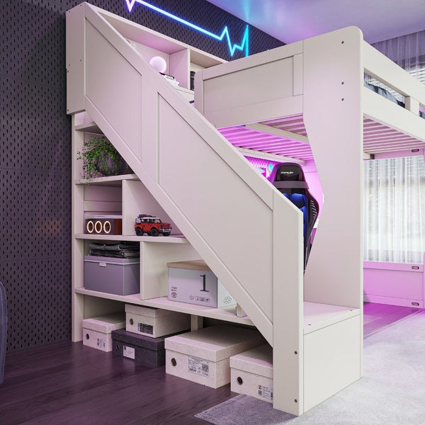 English Elm Full Size Gaming Loft Bed with Stair Storage Desk LED Lighting and USB Ports Beige 93.98 L x 64.49 W x 77.56 H MDF,Pine,Plywood W5316S00061