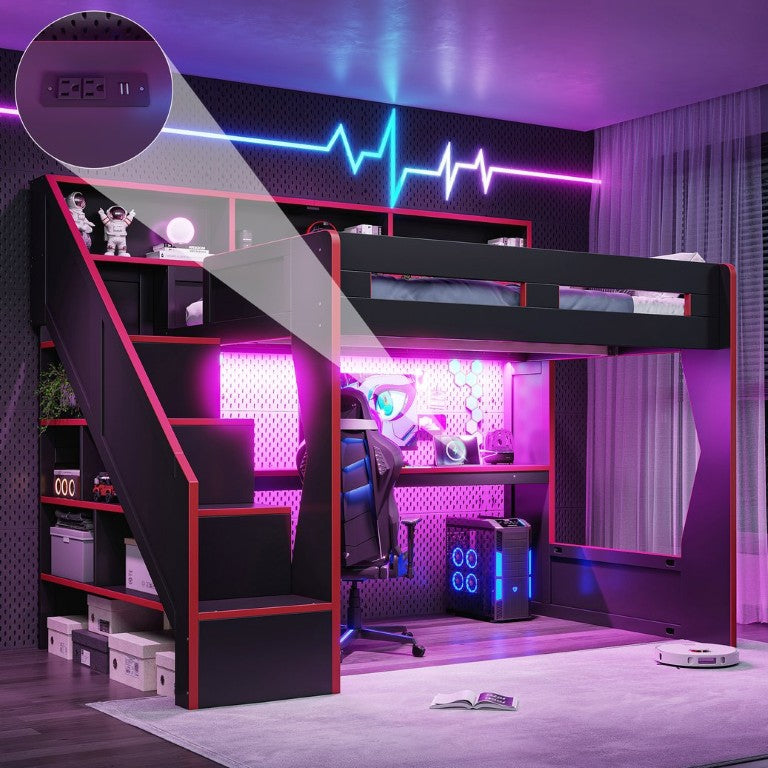 English Elm Full Size Gaming Loft Bed with LED Desk USB Charging Storage Stairs Headboard Shelves Full Black+Red MDF,Pine,Plywood W5316S00062